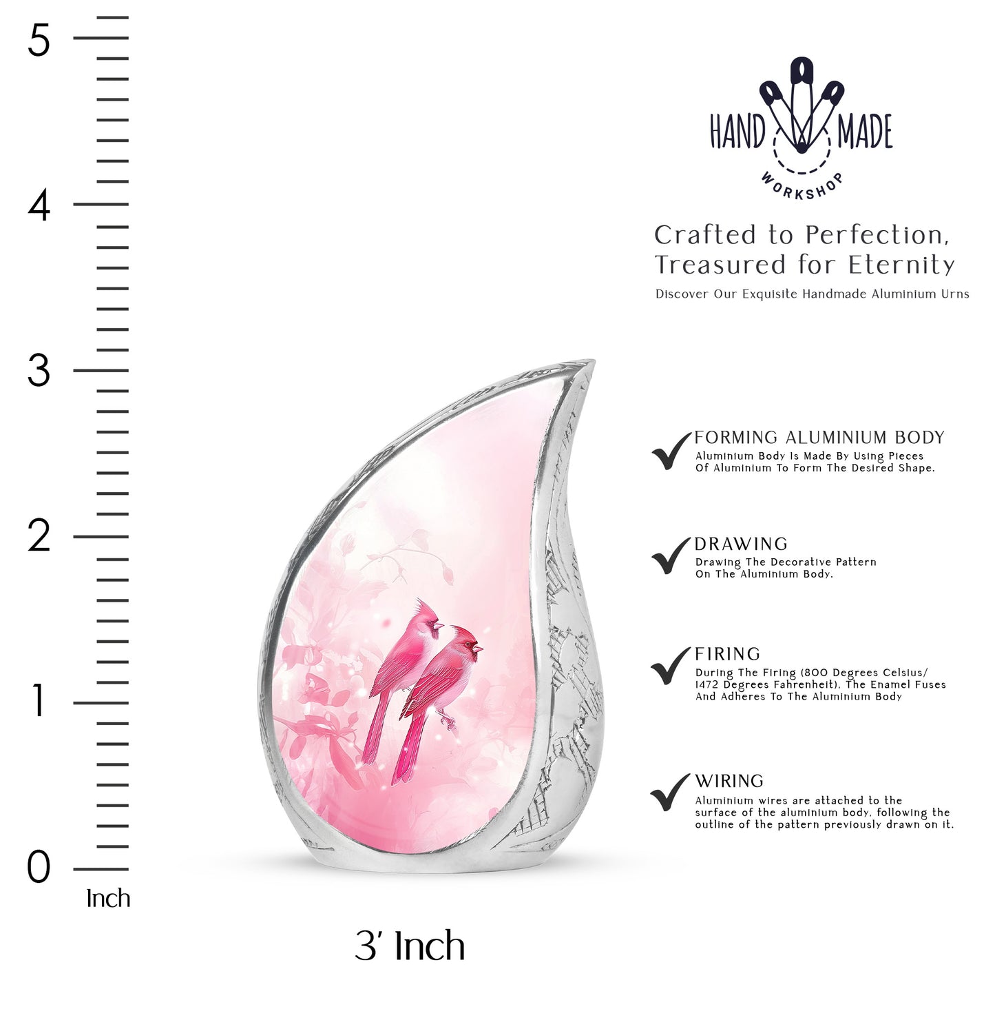 Rich Red Cardinal Cremation Urn angled view of lid and engraved motif - graceful tear-shaped urn with cardinal motif - mini keepsake memorial for portion of cremation ashes