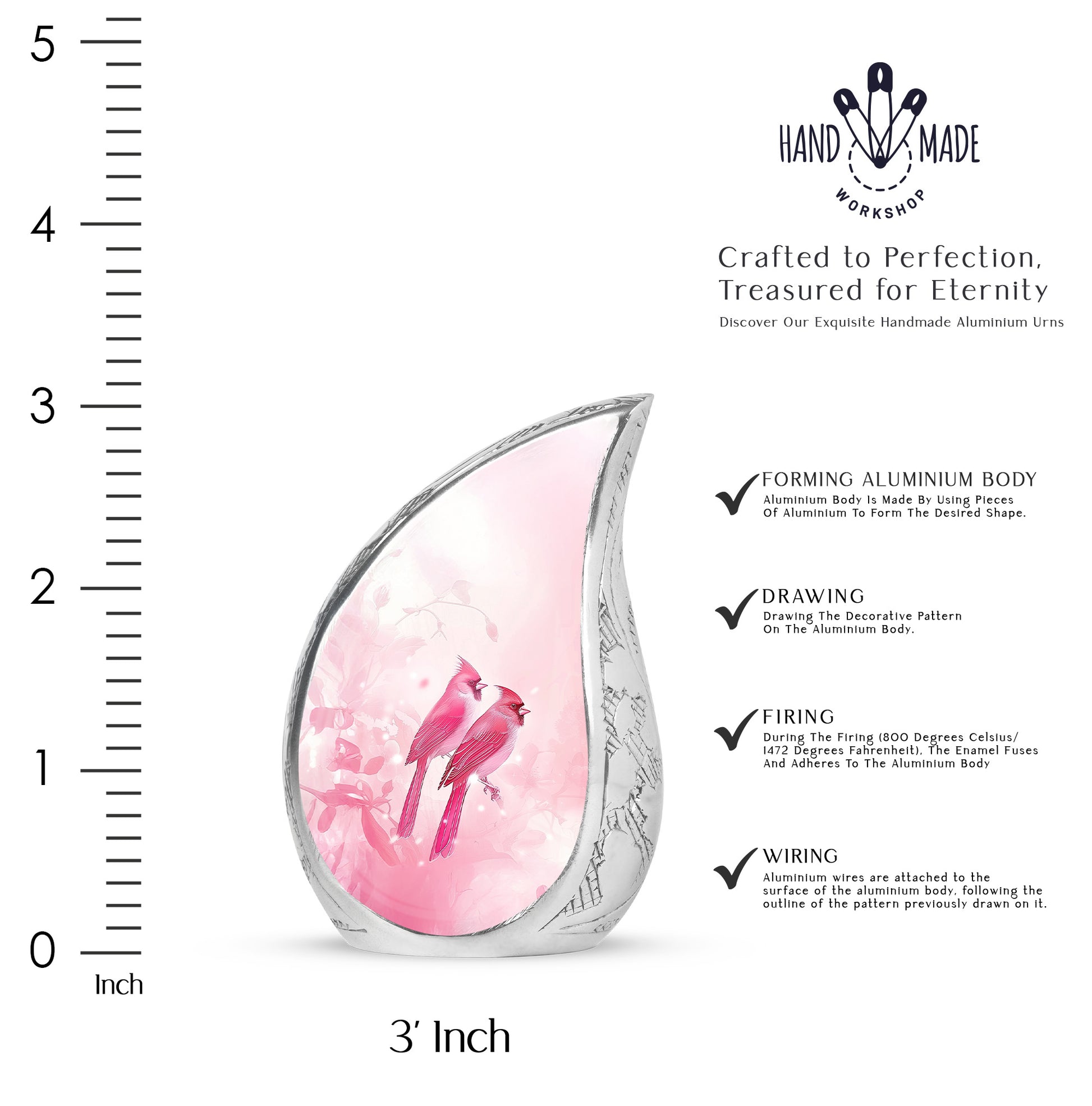 Rich Red Cardinal Cremation Urn angled view of lid and engraved motif - graceful tear-shaped urn with cardinal motif - mini keepsake memorial for portion of cremation ashes