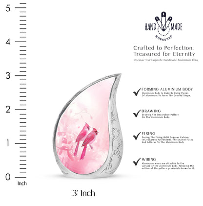 Rich Red Cardinal Cremation Urn angled view of lid and engraved motif - graceful tear-shaped urn with cardinal motif - mini keepsake memorial for portion of cremation ashes