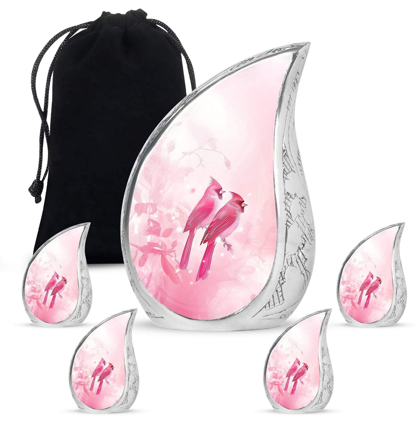 Deep Red Cardinal Cremation Urn side profile showing urn shape - flowing teardrop cardinal silhouette on curved aluminum - memorial set with one large and four small urns
