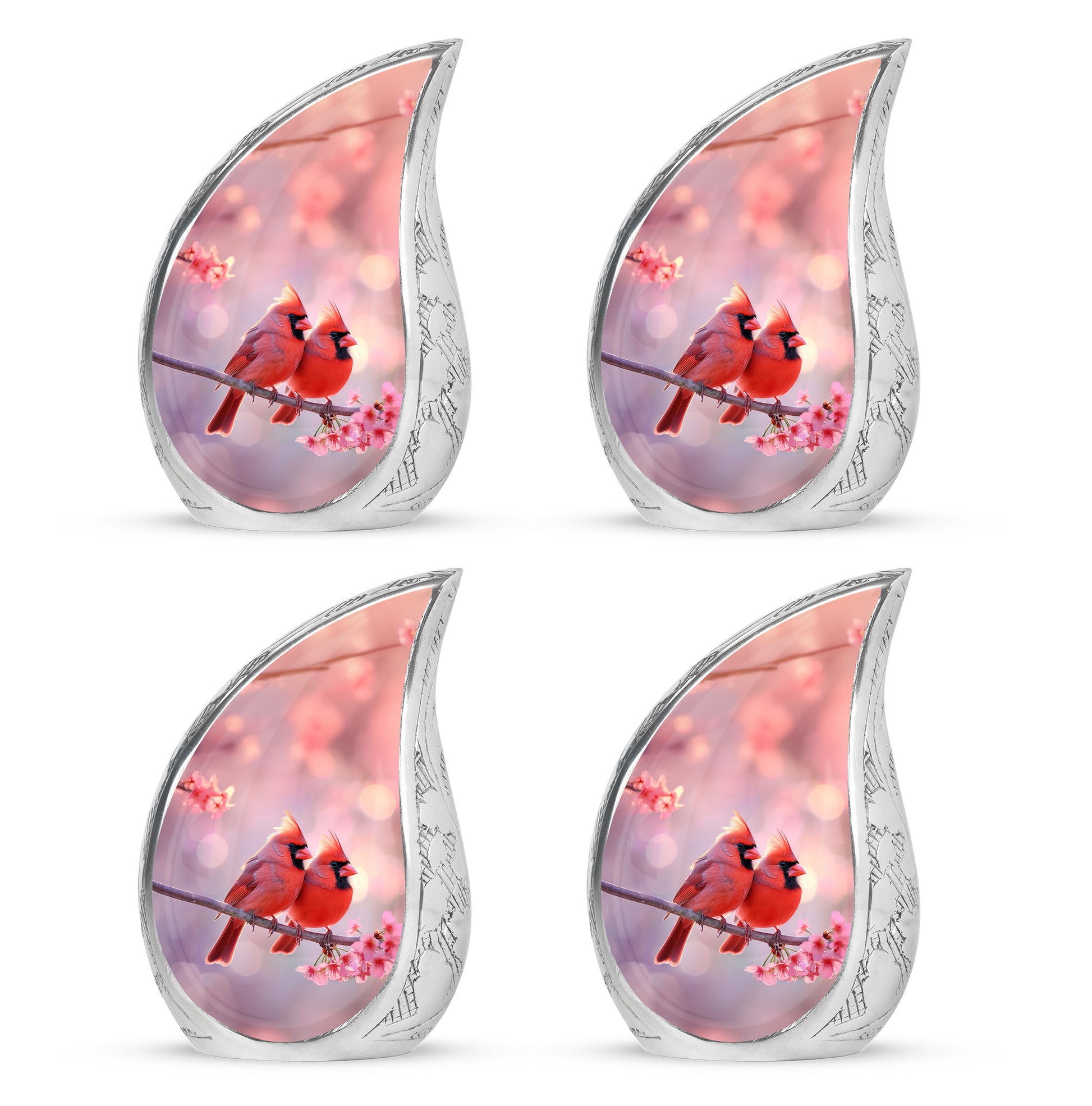 Rich Red Cardinal Cremation Urn close-up of engraving and surface detail - smooth teardrop contour featuring cardinal art - 10 inch aluminum urn for cremated remains