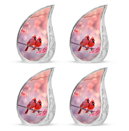 Rich Red Cardinal Cremation Urn close-up of engraving and surface detail - smooth teardrop contour featuring cardinal art - 10 inch aluminum urn for cremated remains