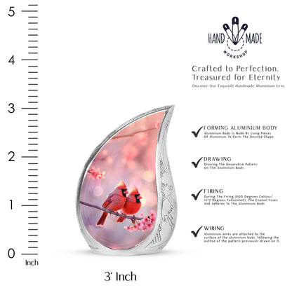 Crimson Red Cardinal Cremation Urn angled view of lid and engraved motif - flowing teardrop cardinal silhouette on curved aluminum - mini keepsake memorial for portion of cremation ashes