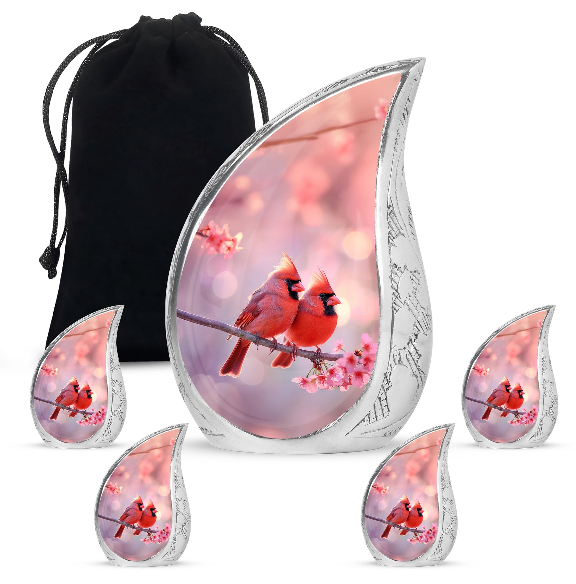 Cherry Red Cardinal Cremation Urn side profile showing urn shape - smooth teardrop contour featuring cardinal art - memorial set with one large and four small urns
