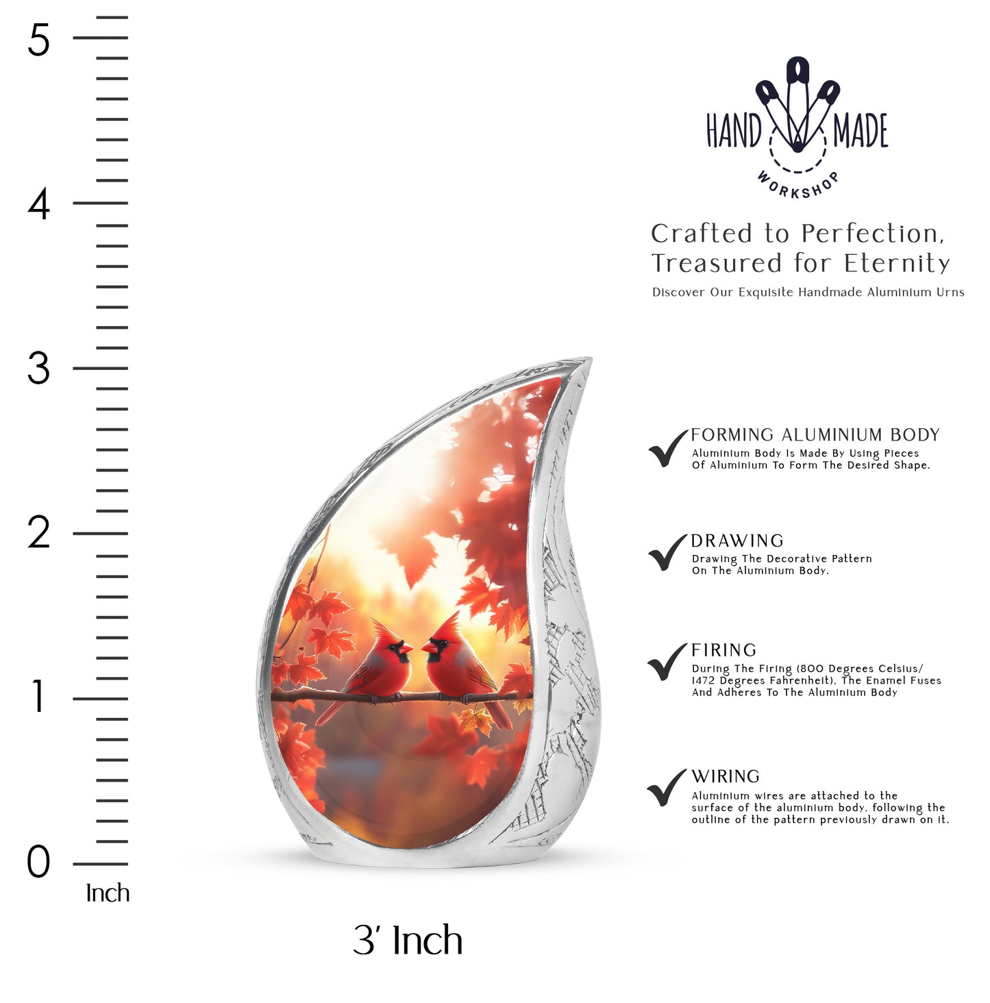 Royal Gold Cardinal Cremation Urn angled view of lid and engraved motif - graceful tear-shaped urn with cardinal motif - mini keepsake memorial for portion of cremation ashes