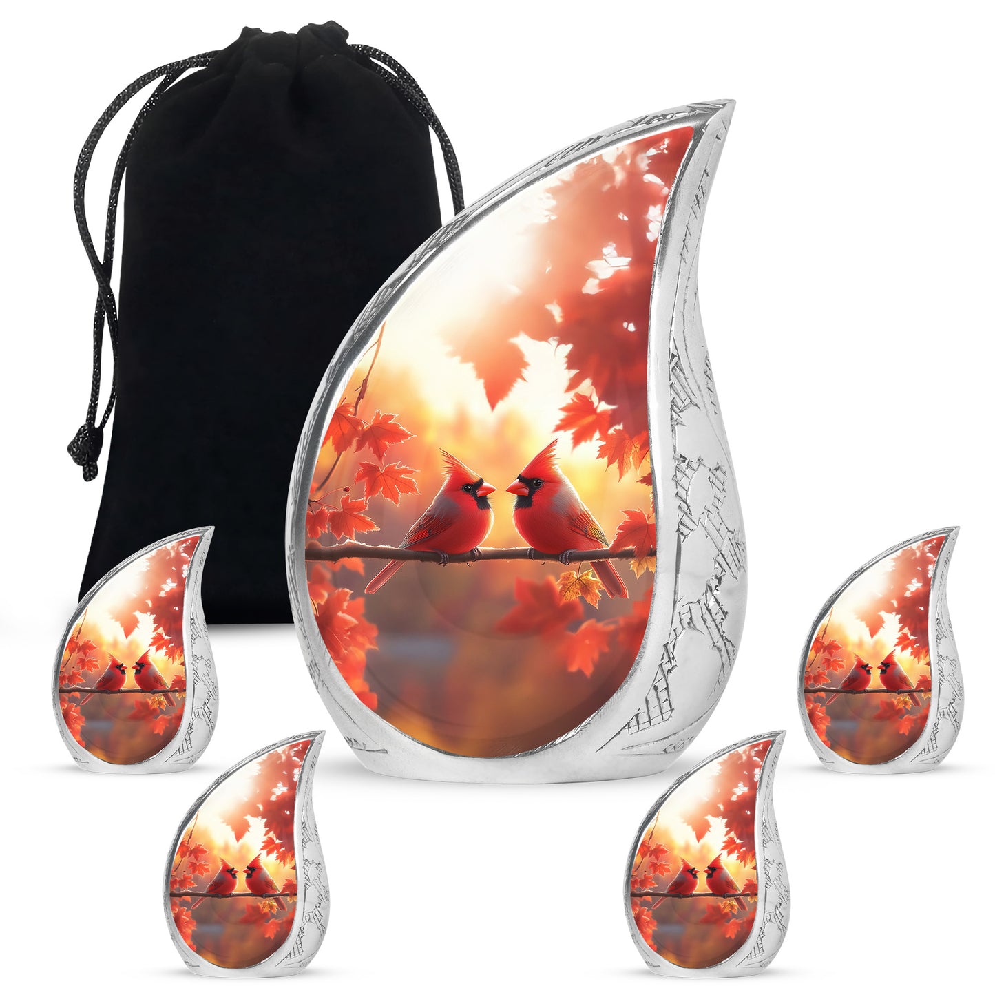 Royal Gold Cardinal Cremation Urn side profile showing urn shape - smooth teardrop contour featuring cardinal art - memorial set with one large and four small urns