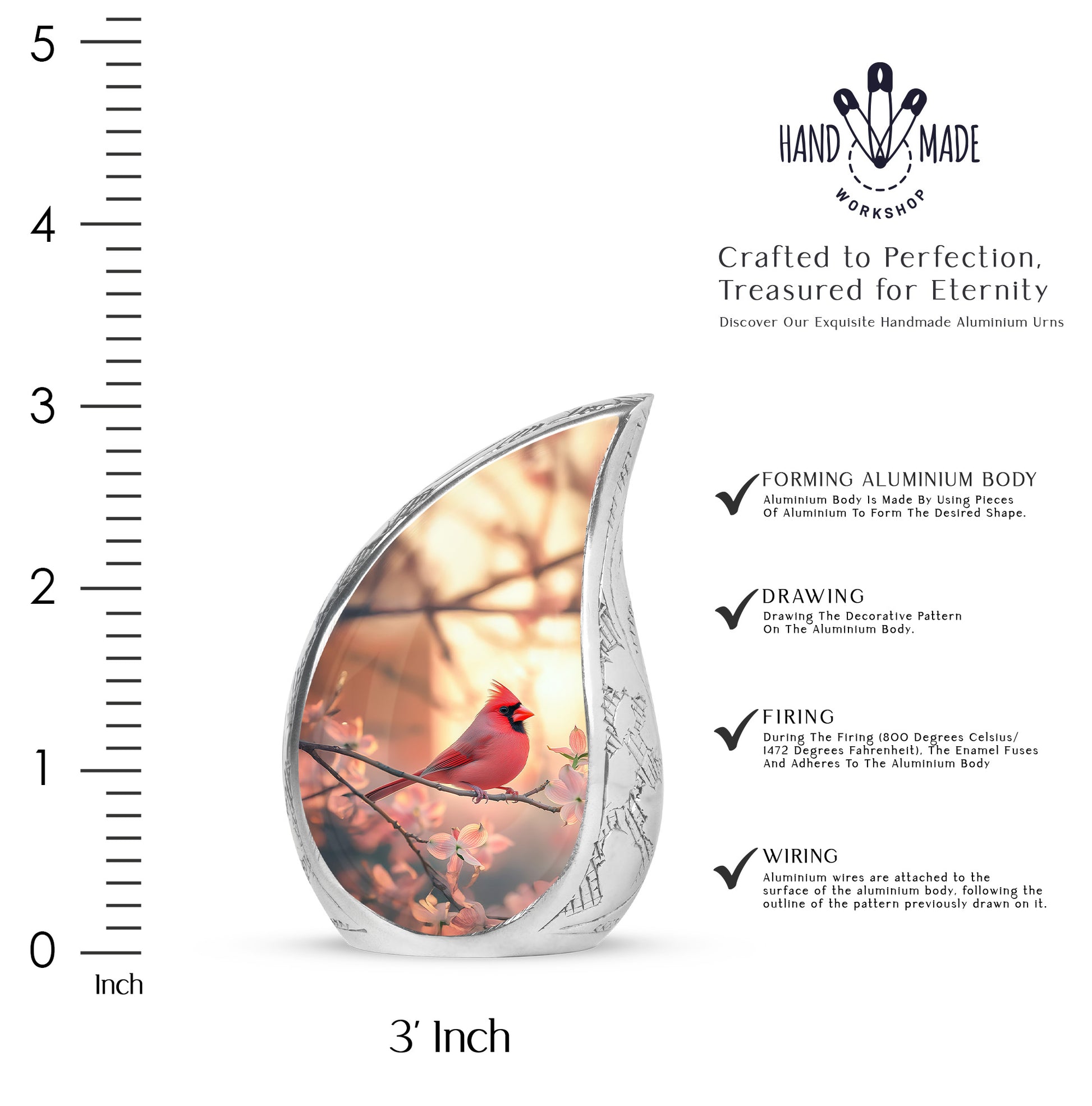 Matte Gold Cardinal Cremation Urn angled view of lid and engraved motif - graceful tear-shaped urn with cardinal motif - mini keepsake memorial for portion of cremation ashes