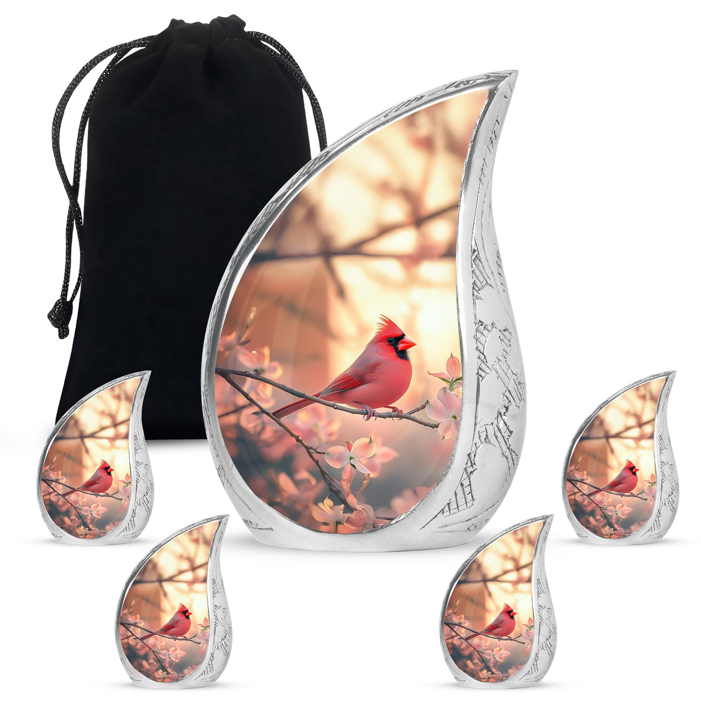 Matte Gold Cardinal Cremation Urn side profile showing urn shape - smooth teardrop contour featuring cardinal art - memorial set with one large and four small urns