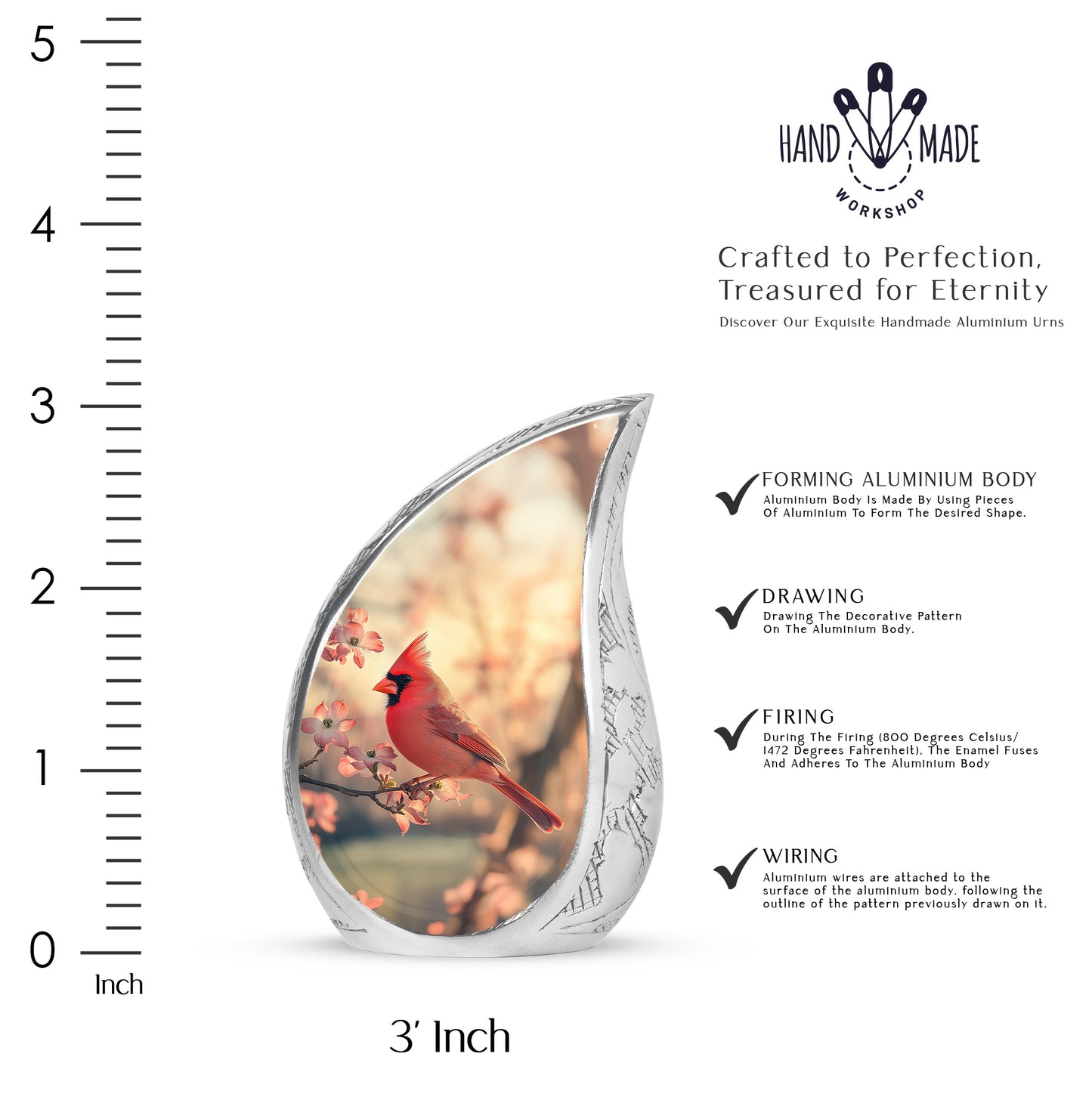 Champagne Gold Cardinal Cremation Urn angled view of lid and engraved motif - flowing teardrop cardinal silhouette on curved aluminum - mini keepsake memorial for portion of cremation ashes
