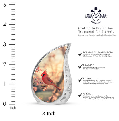 Champagne Gold Cardinal Cremation Urn angled view of lid and engraved motif - flowing teardrop cardinal silhouette on curved aluminum - mini keepsake memorial for portion of cremation ashes
