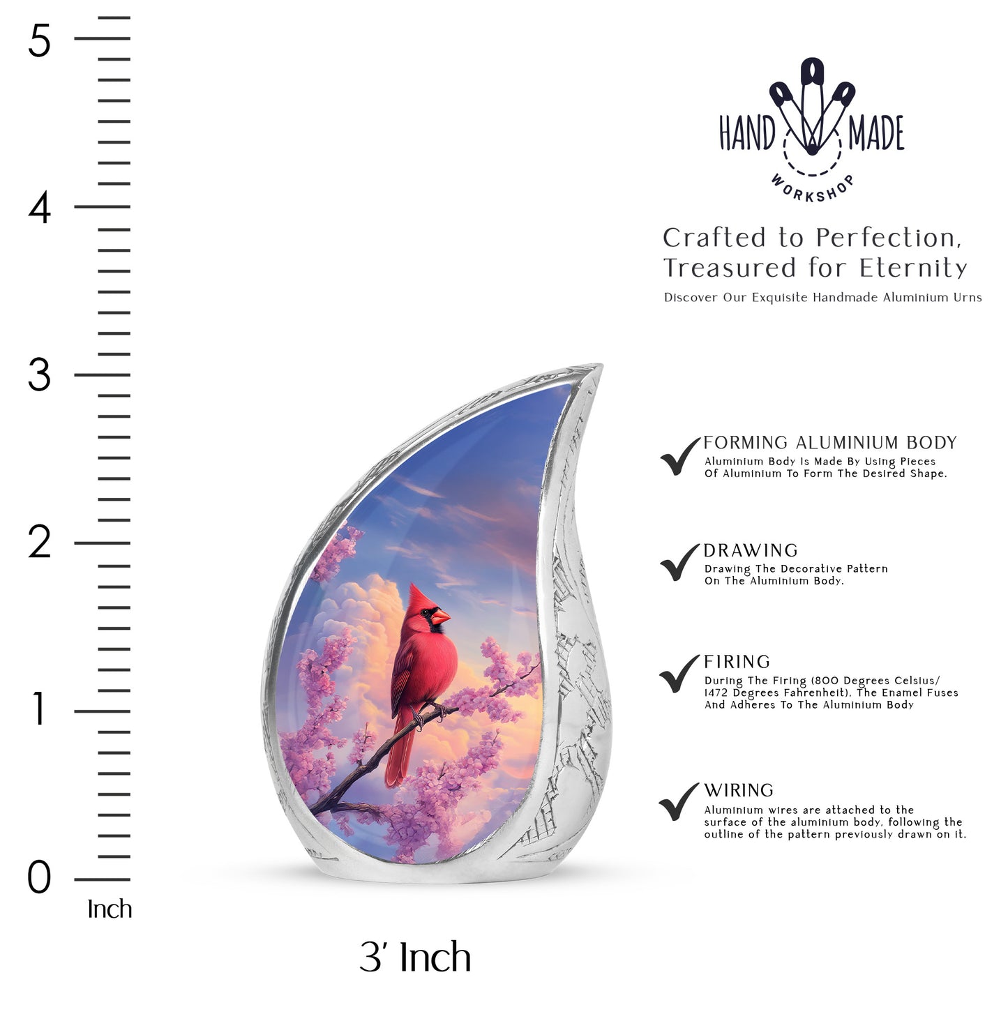 Steel Blue Cardinal Cremation Urn angled view of lid and engraved motif - smooth teardrop contour featuring cardinal art - mini keepsake memorial for portion of cremation ashes