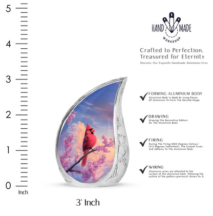 Steel Blue Cardinal Cremation Urn angled view of lid and engraved motif - smooth teardrop contour featuring cardinal art - mini keepsake memorial for portion of cremation ashes