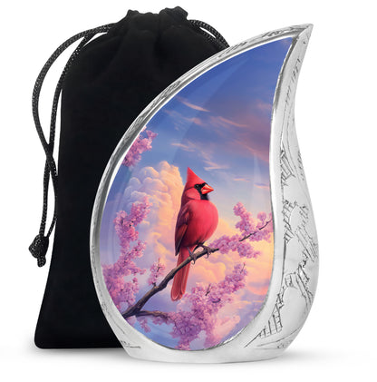 Cornflower Blue Cardinal Cremation Urn front view showing detailed design - smooth teardrop contour featuring cardinal art - full-size 10 inch 200 cubic inch adult cremation urn