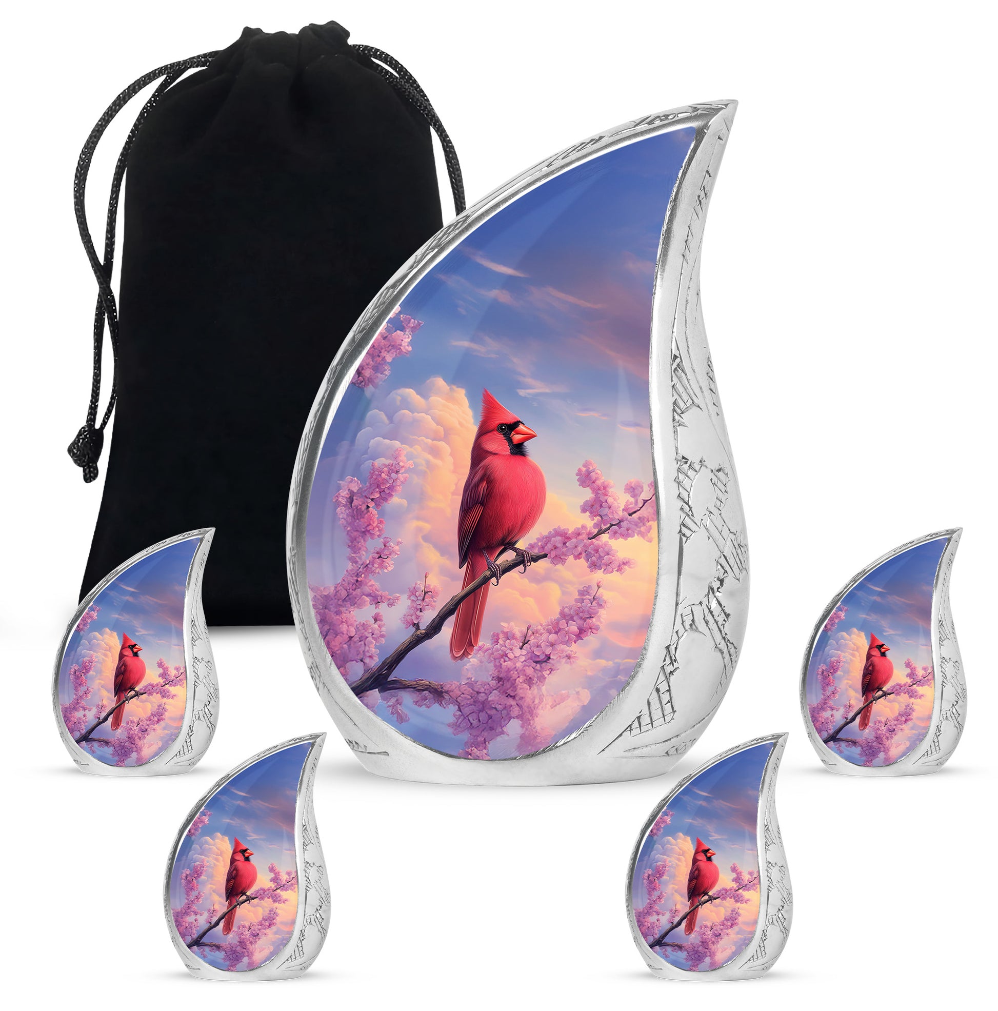 Celestial Blue Cardinal Cremation Urn side profile showing urn shape - flowing teardrop cardinal silhouette on curved aluminum - memorial set with one large and four small urns