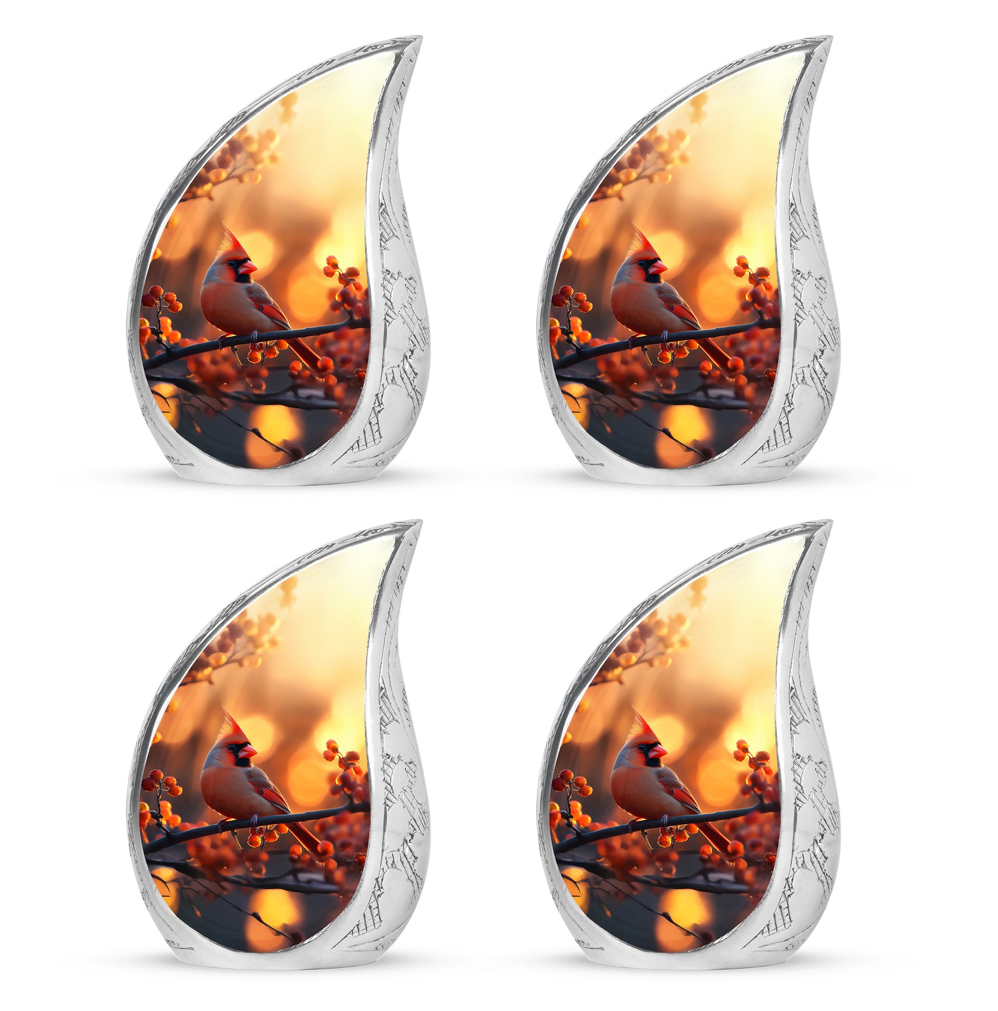 Matte Gold Cardinal Cremation Urn close-up of engraving and surface detail - smooth teardrop contour featuring cardinal art - 10 inch aluminum urn for cremated remains