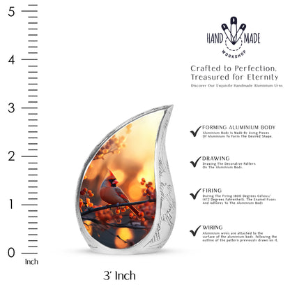 Burnished Gold Cardinal Cremation Urn angled view of lid and engraved motif - smooth teardrop contour featuring cardinal art - mini keepsake memorial for portion of cremation ashes