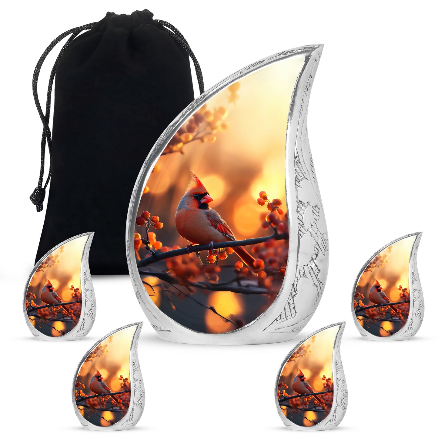 Amber Gold Cardinal Cremation Urn side profile showing urn shape - flowing teardrop cardinal silhouette on curved aluminum - memorial set with one large and four small urns