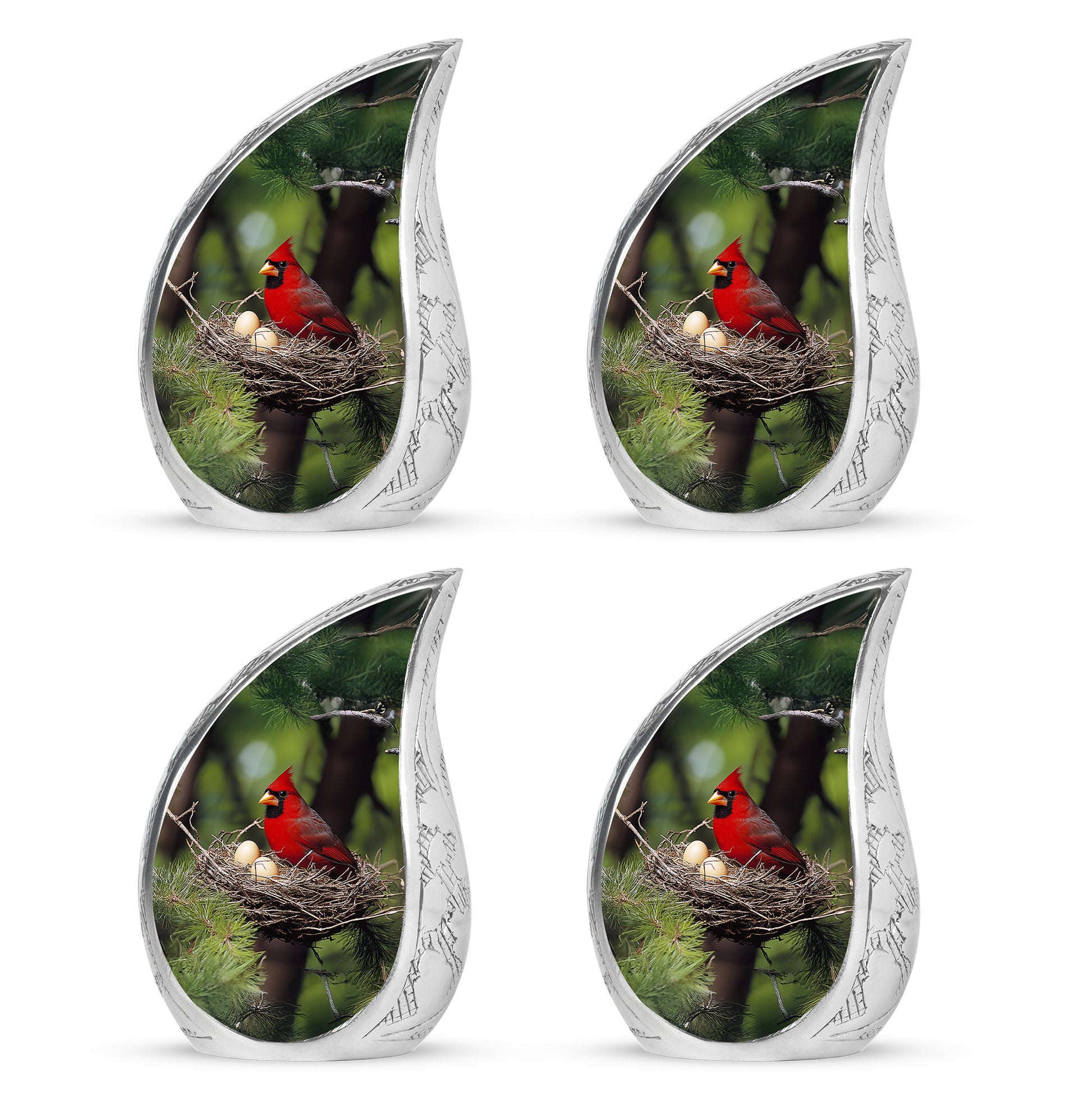 Sage Green Cardinal Cremation Urn close-up of engraving and surface detail - rounded teardrop cardinal design with delicate detail - 10 inch aluminum urn for cremated remains