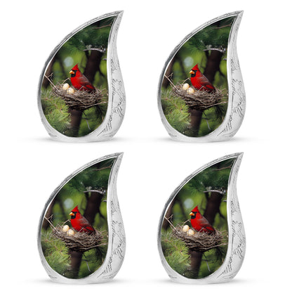 Sage Green Cardinal Cremation Urn close-up of engraving and surface detail - rounded teardrop cardinal design with delicate detail - 10 inch aluminum urn for cremated remains
