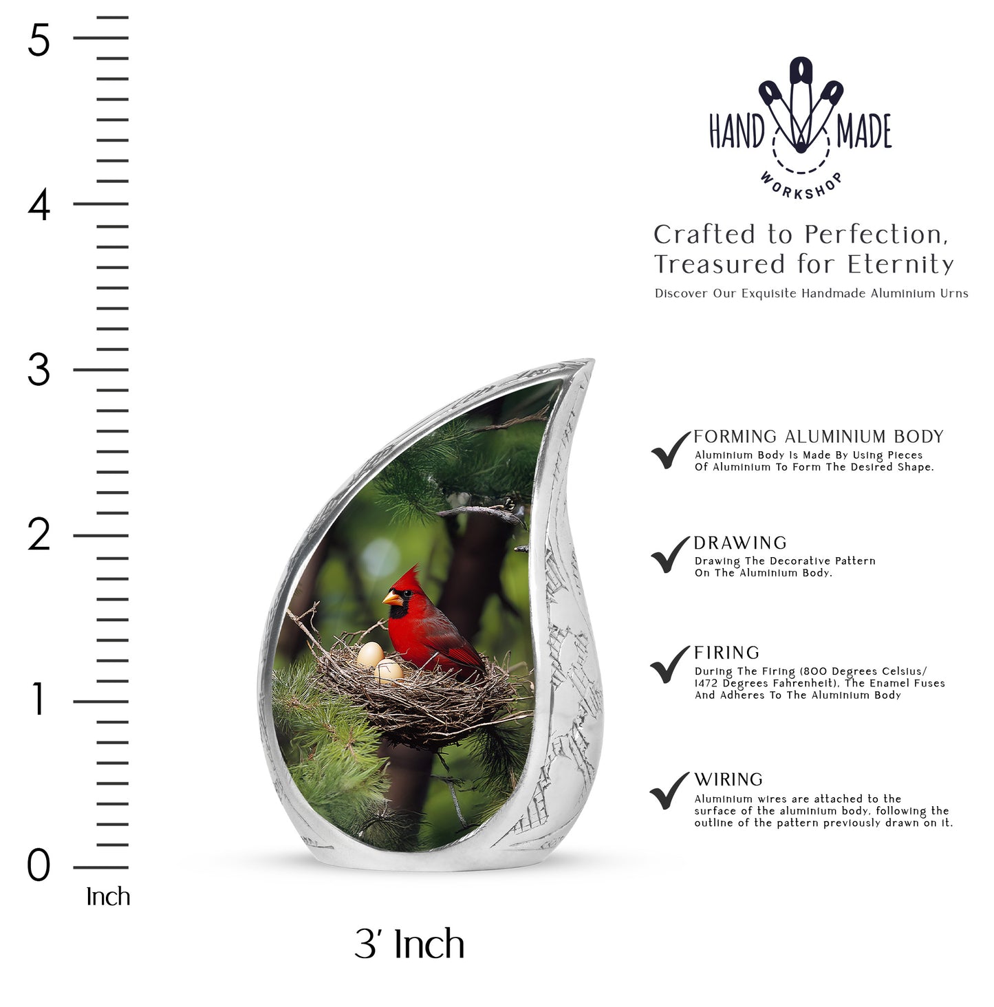 Hunter Green Cardinal Cremation Urn angled view of lid and engraved motif - graceful tear-shaped urn with cardinal motif - mini keepsake memorial for portion of cremation ashes