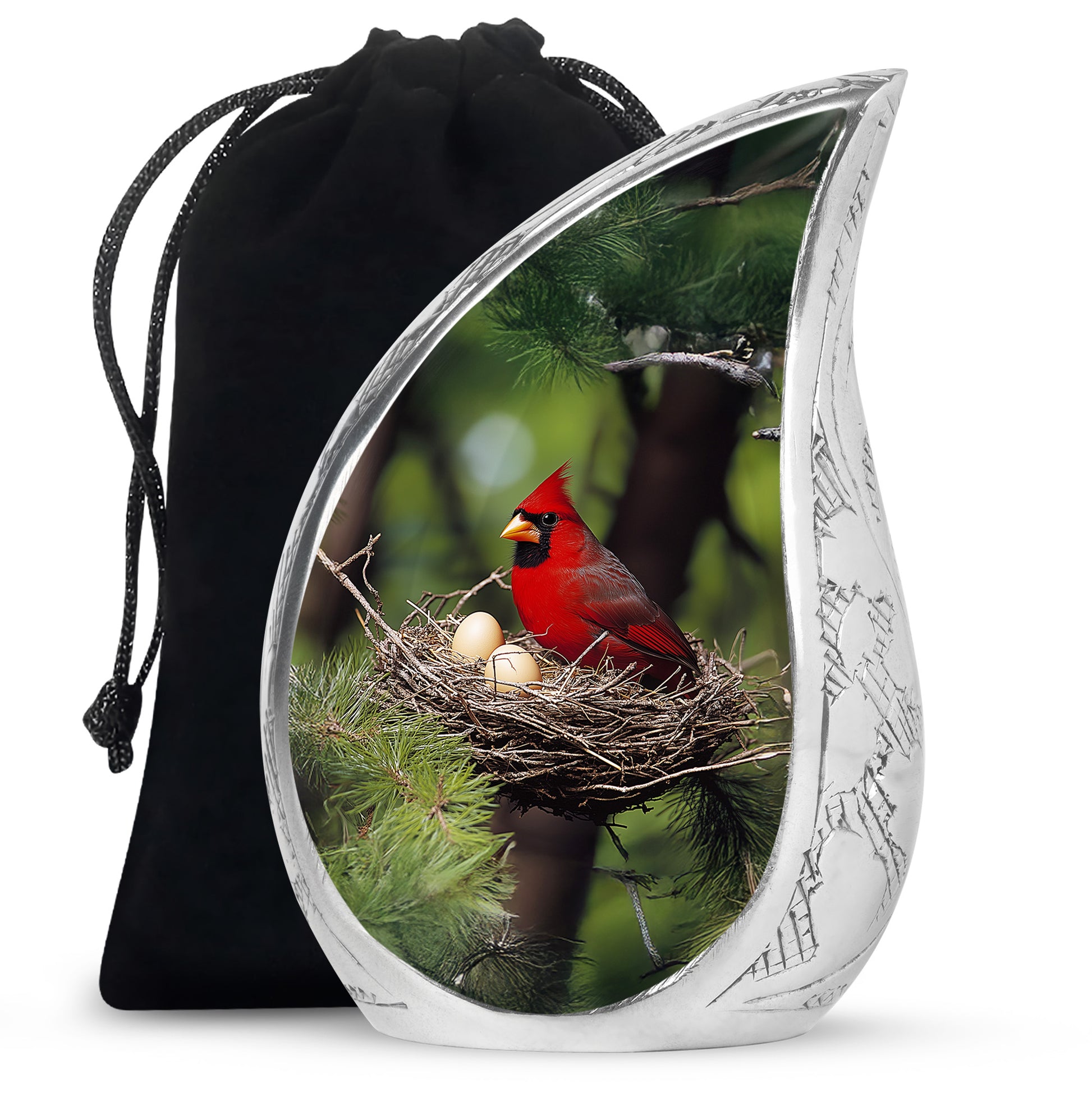 Forest Green Cardinal Cremation Urn front view showing detailed design - graceful tear-shaped urn with cardinal motif - full-size 10 inch 200 cubic inch adult cremation urn