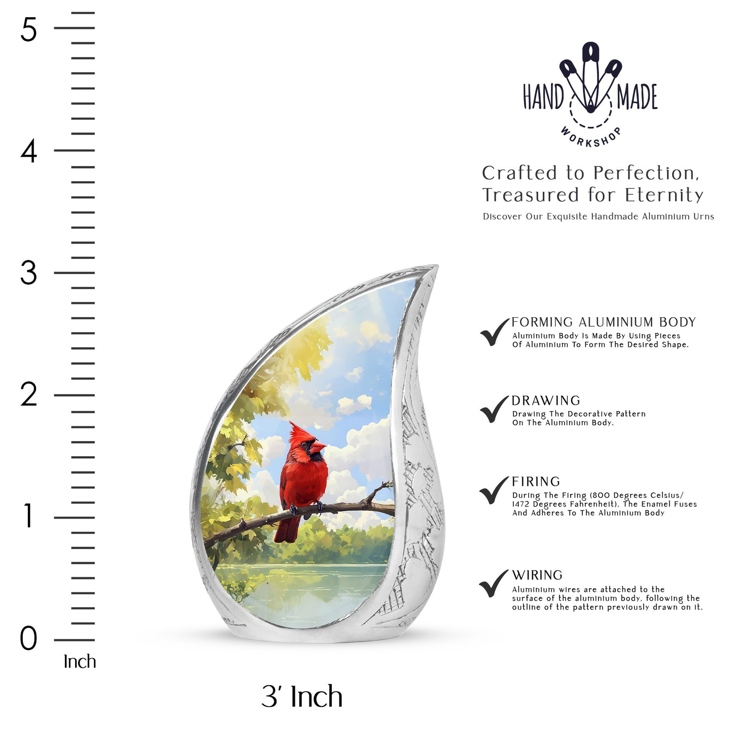 Steel Blue Cardinal Cremation Urn angled view of lid and engraved motif - smooth teardrop contour featuring cardinal art - mini keepsake memorial for portion of cremation ashes