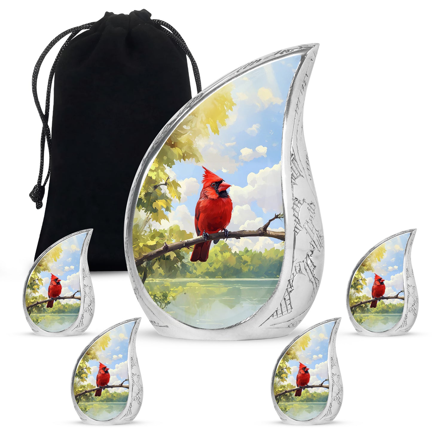 Soft Blue Cardinal Cremation Urn side profile showing urn shape - smooth teardrop contour featuring cardinal art - memorial set with one large and four small urns
