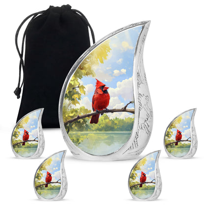 Soft Blue Cardinal Cremation Urn side profile showing urn shape - smooth teardrop contour featuring cardinal art - memorial set with one large and four small urns