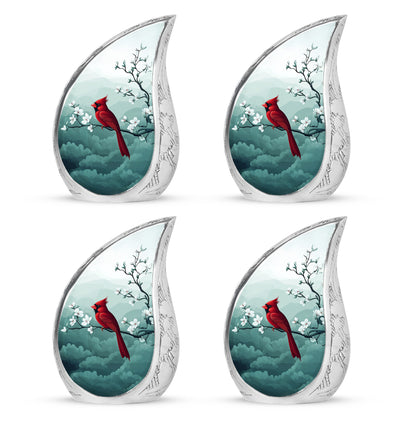 Sterling Silver Cardinal Cremation Urn close-up of engraving and surface detail - flowing teardrop cardinal silhouette on curved aluminum - 10 inch aluminum urn for cremated remains