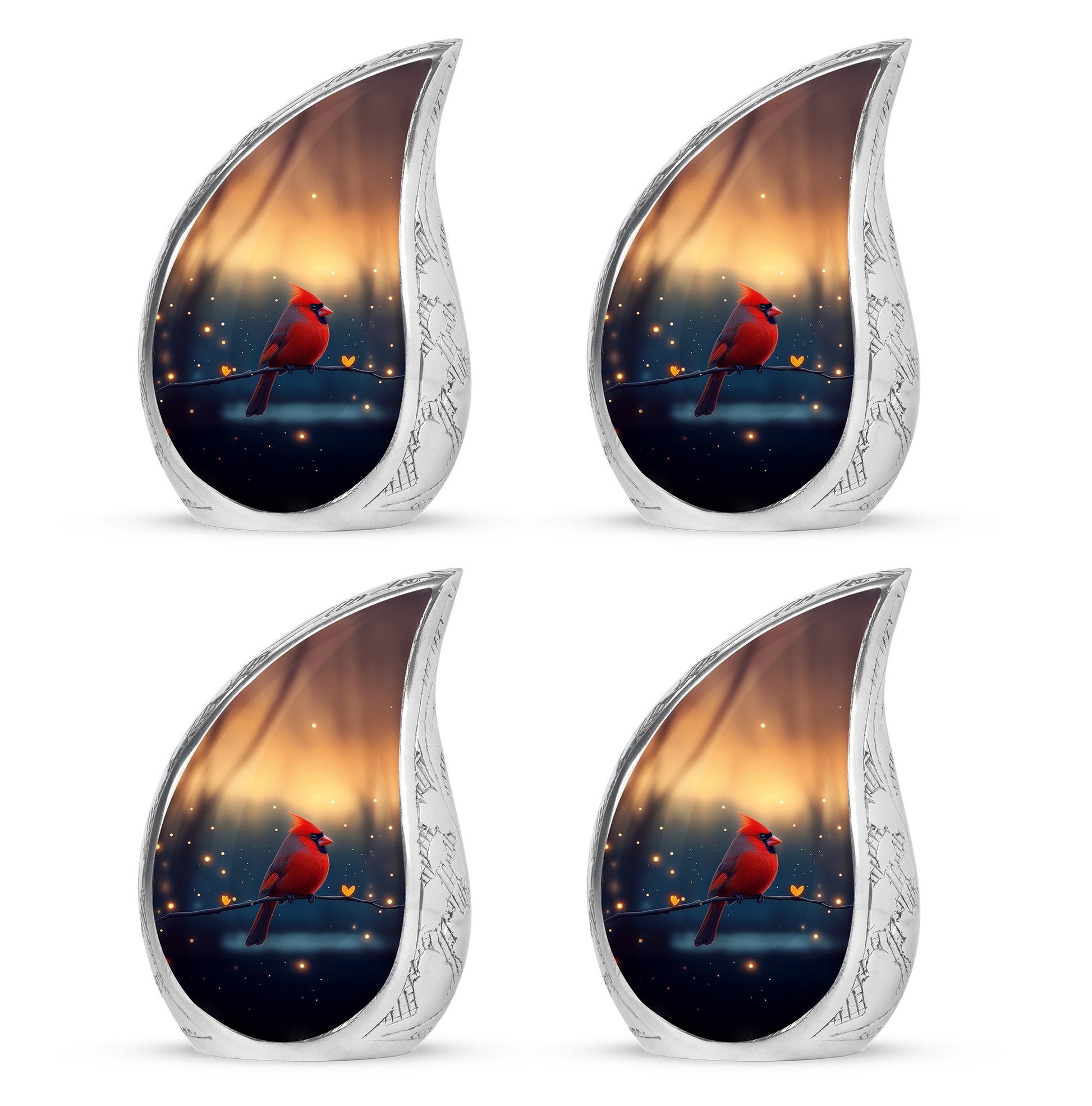 Warm Gold Cardinal Cremation Urn close-up of engraving and surface detail - graceful tear-shaped urn with cardinal motif - 10 inch aluminum urn for cremated remains