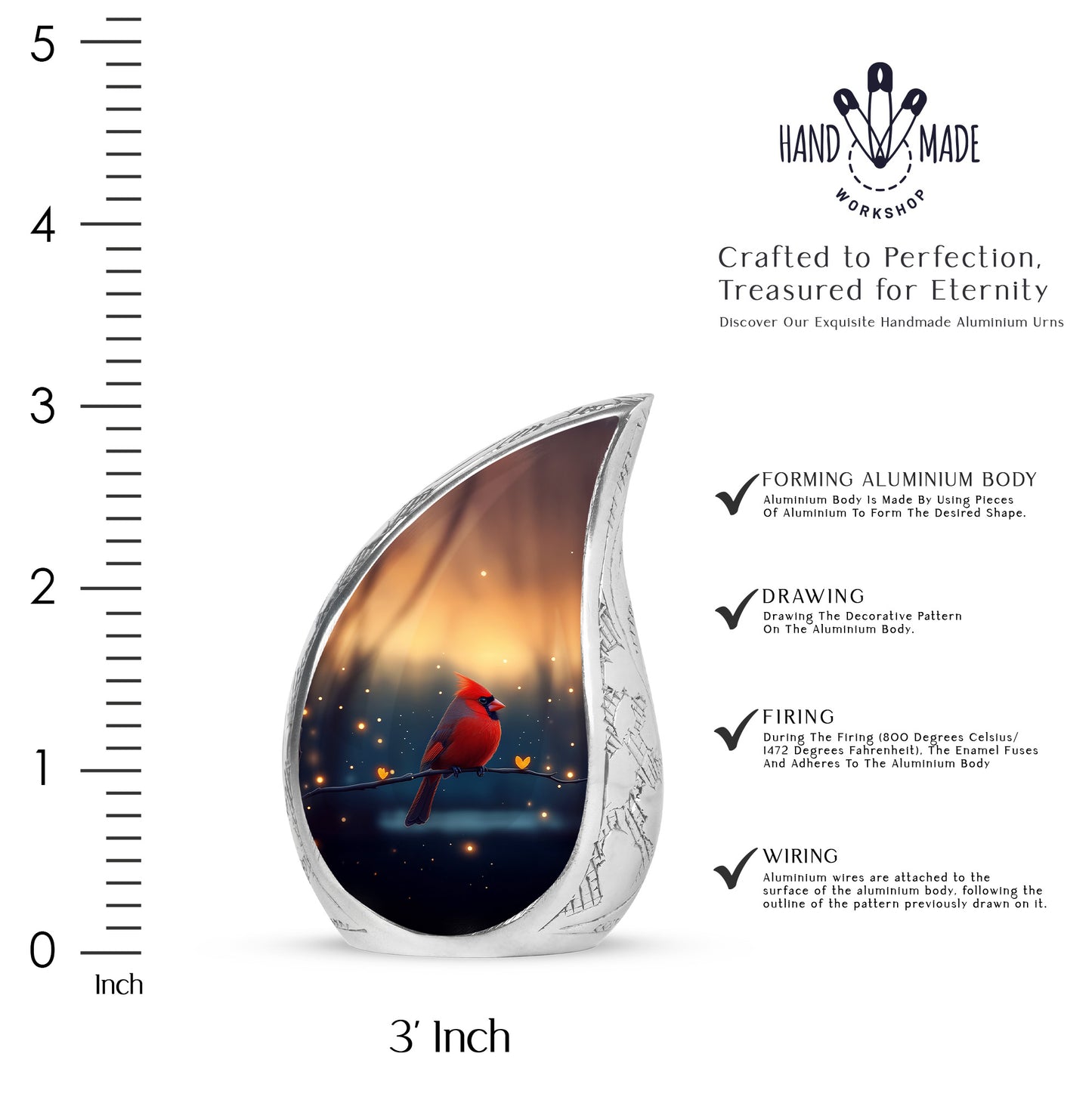 Royal Gold Cardinal Cremation Urn angled view of lid and engraved motif - smooth teardrop contour featuring cardinal art - mini keepsake memorial for portion of cremation ashes