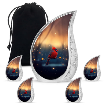 Gilded Gold Cardinal Cremation Urn side profile showing urn shape - rounded teardrop cardinal design with delicate detail - memorial set with one large and four small urns