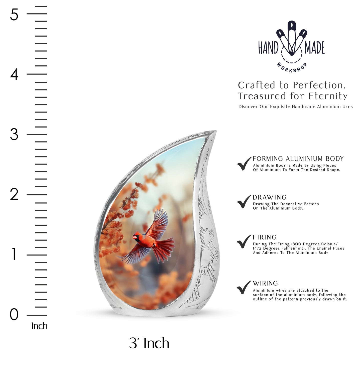 Burnished Gold Cardinal Cremation Urn angled view of lid and engraved motif - smooth teardrop contour featuring cardinal art - mini keepsake memorial for portion of cremation ashes