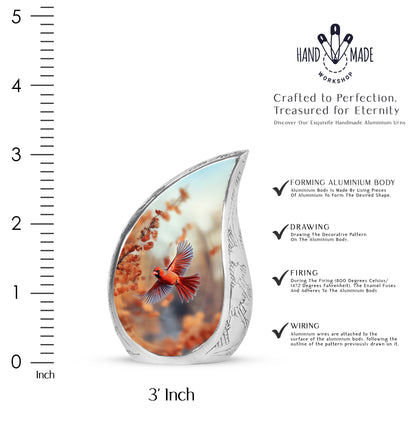 Burnished Gold Cardinal Cremation Urn angled view of lid and engraved motif - smooth teardrop contour featuring cardinal art - mini keepsake memorial for portion of cremation ashes