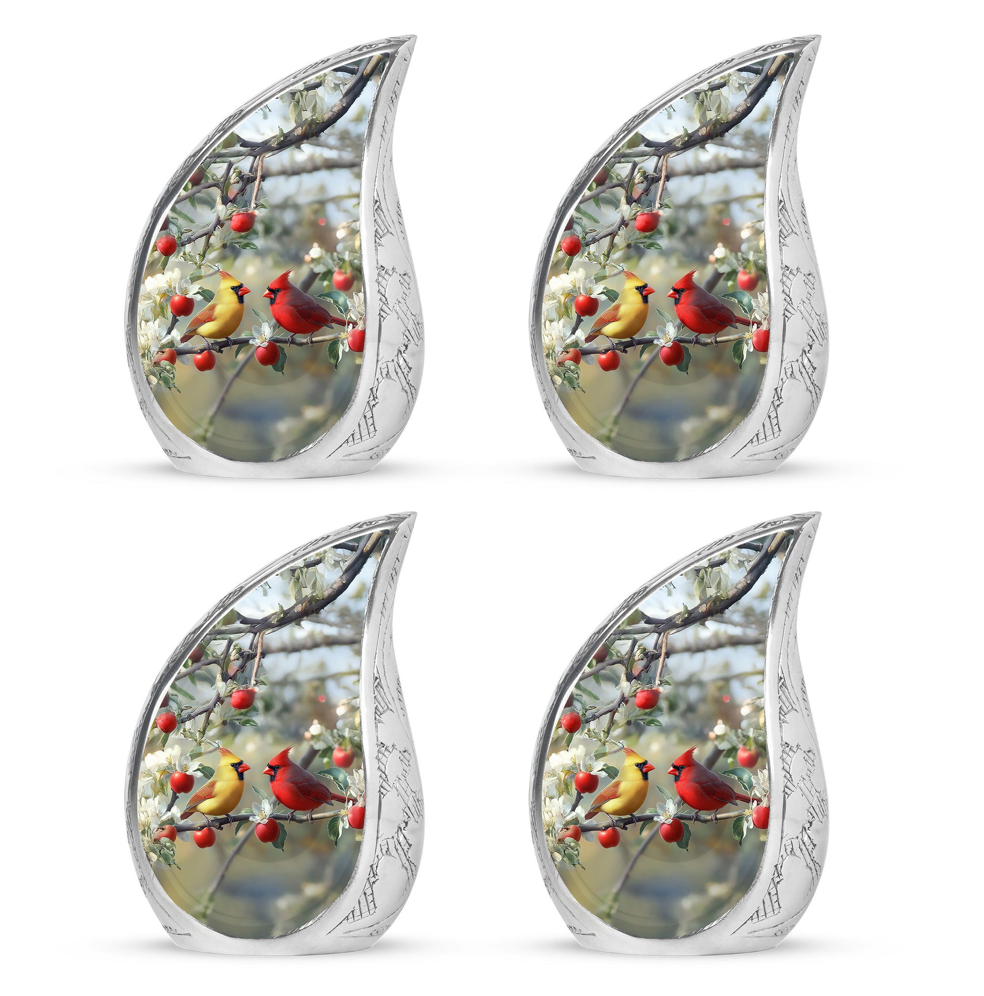 Moonlight Silver Cardinal Cremation Urn close-up of engraving and surface detail - smooth teardrop contour featuring cardinal art - 10 inch aluminum urn for cremated remains