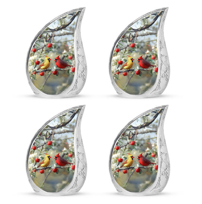 Moonlight Silver Cardinal Cremation Urn close-up of engraving and surface detail - smooth teardrop contour featuring cardinal art - 10 inch aluminum urn for cremated remains