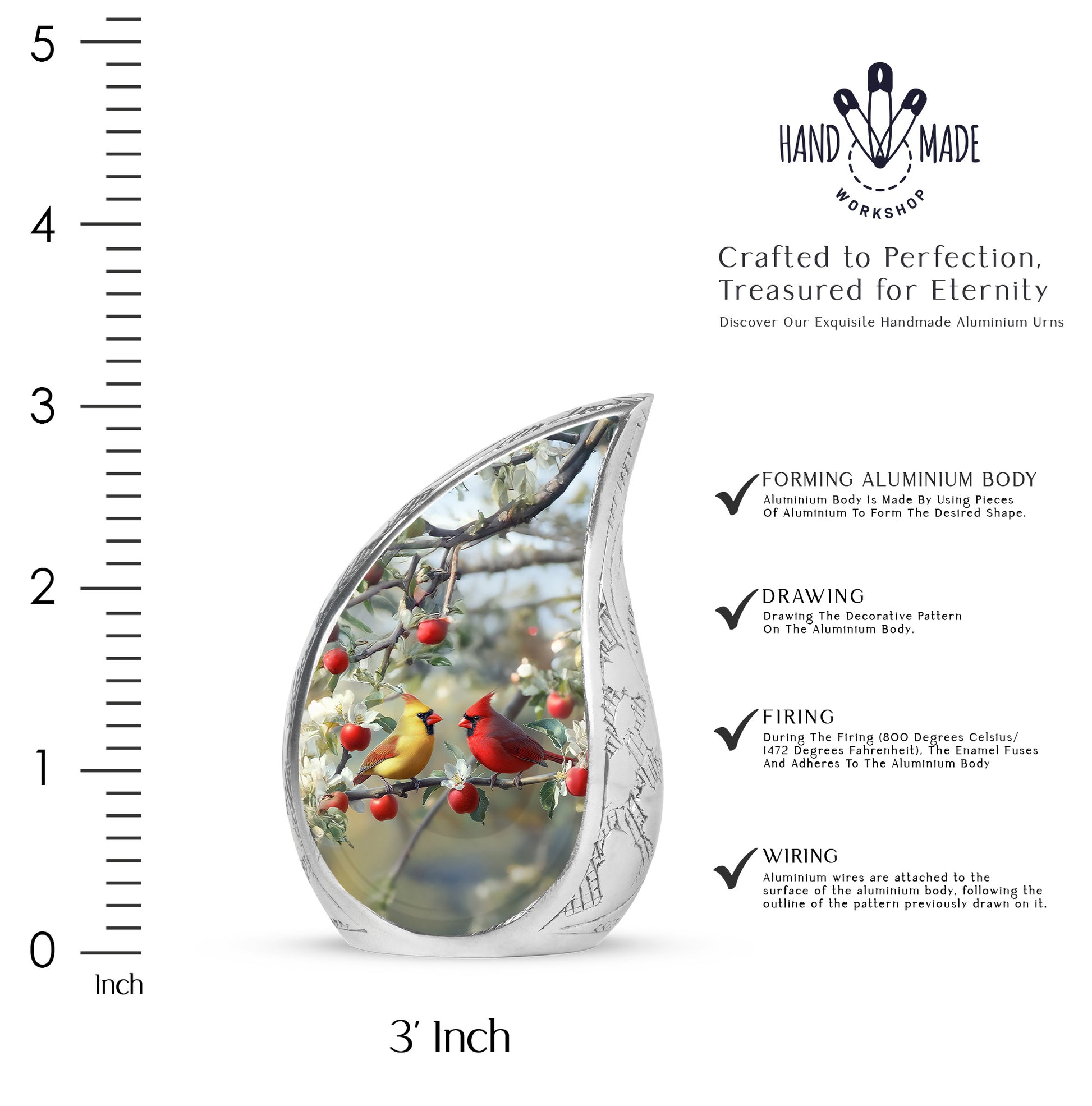 Satin Silver Cardinal Cremation Urn angled view of lid and engraved motif - flowing teardrop cardinal silhouette on curved aluminum - mini keepsake memorial for portion of cremation ashes