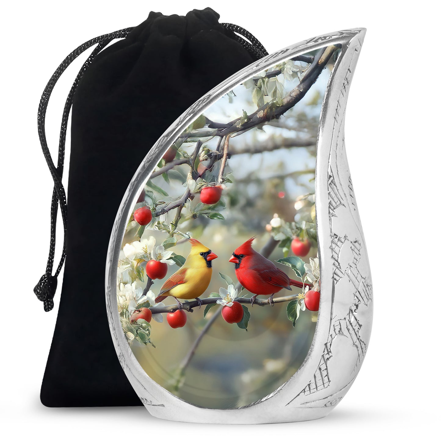 Brushed Silver Cardinal Cremation Urn front view showing detailed design - rounded teardrop cardinal design with delicate detail - full-size 10 inch 200 cubic inch adult cremation urn