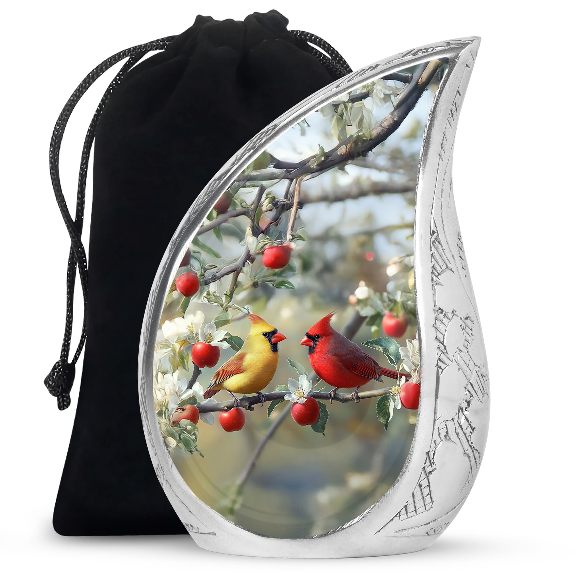 Brushed Silver Cardinal Cremation Urn front view showing detailed design - rounded teardrop cardinal design with delicate detail - full-size 10 inch 200 cubic inch adult cremation urn
