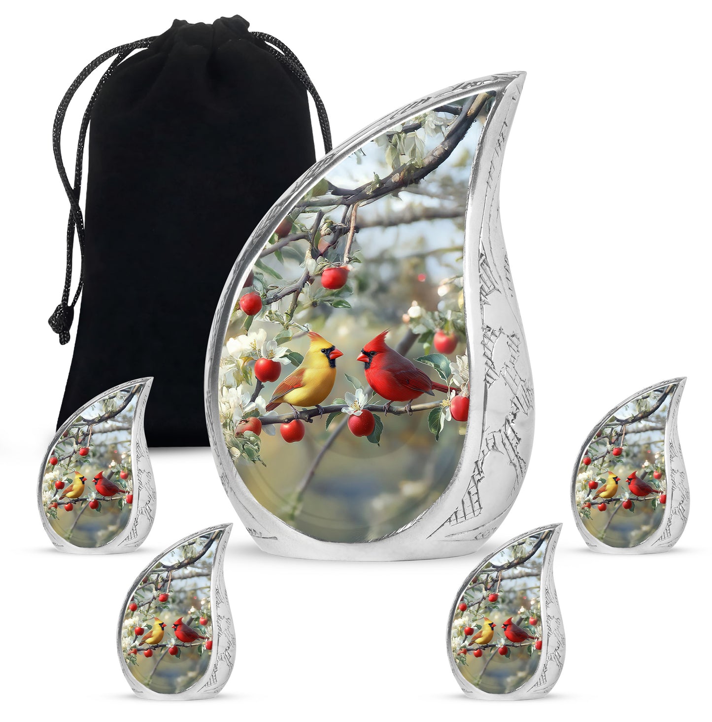 Gleaming Silver Cardinal Cremation Urn side profile showing urn shape - rounded teardrop cardinal design with delicate detail - memorial set with one large and four small urns