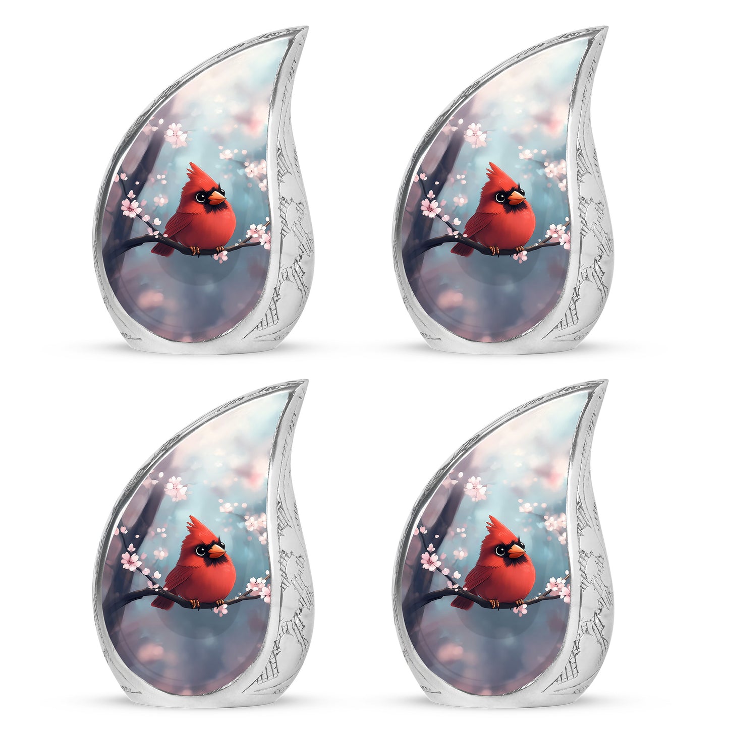Soft Teal Cardinal Cremation Urn close-up of engraving and surface detail - rounded teardrop cardinal design with delicate detail - 10 inch aluminum urn for cremated remains