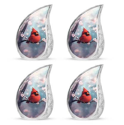 Soft Teal Cardinal Cremation Urn close-up of engraving and surface detail - rounded teardrop cardinal design with delicate detail - 10 inch aluminum urn for cremated remains