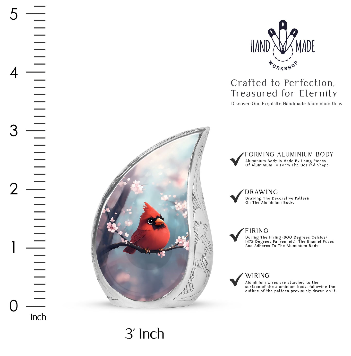 Vivid Teal Cardinal Cremation Urn angled view of lid and engraved motif - smooth teardrop contour featuring cardinal art - mini keepsake memorial for portion of cremation ashes
