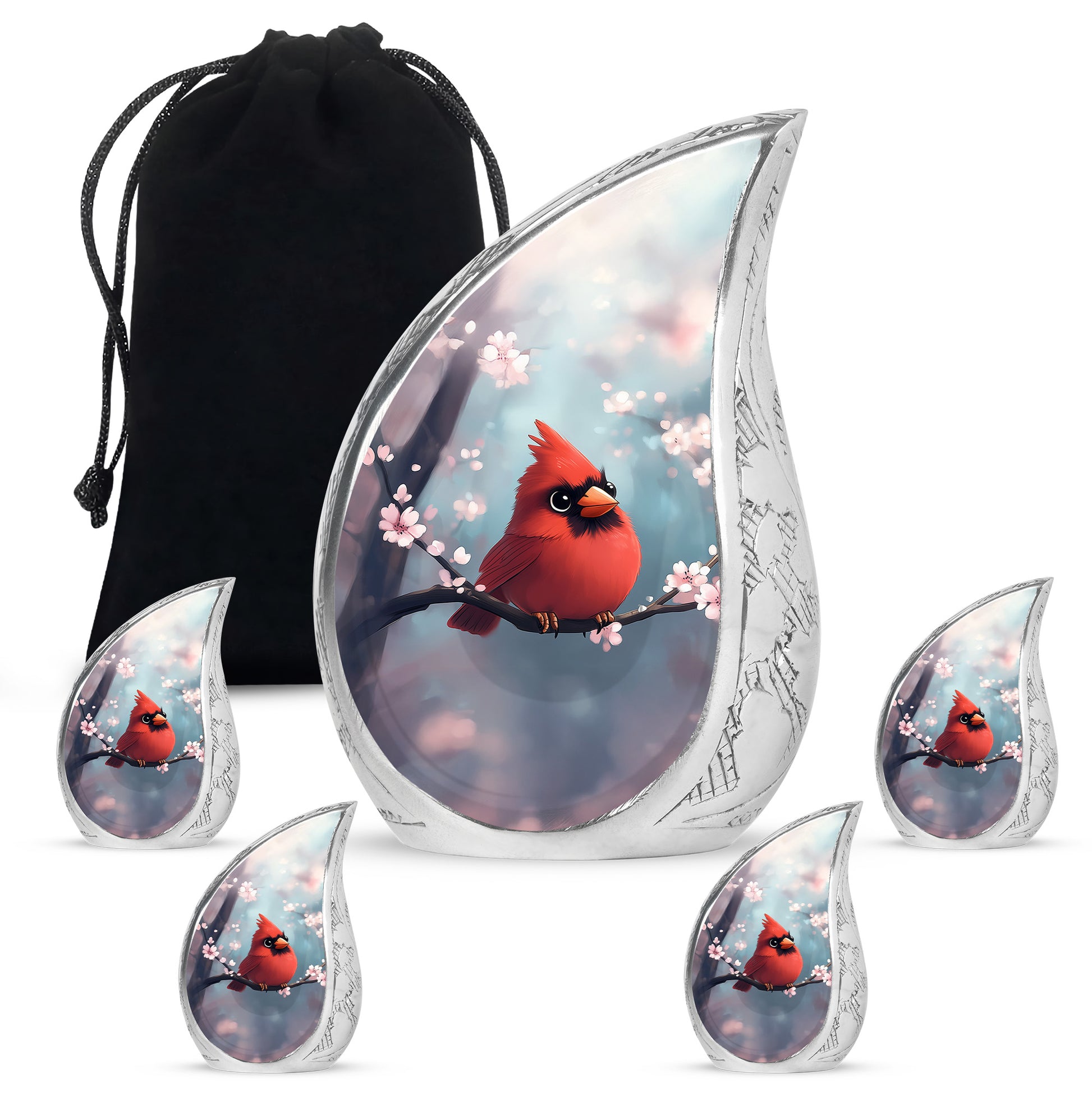 Ocean Teal Cardinal Cremation Urn side profile showing urn shape - flowing teardrop cardinal silhouette on curved aluminum - memorial set with one large and four small urns