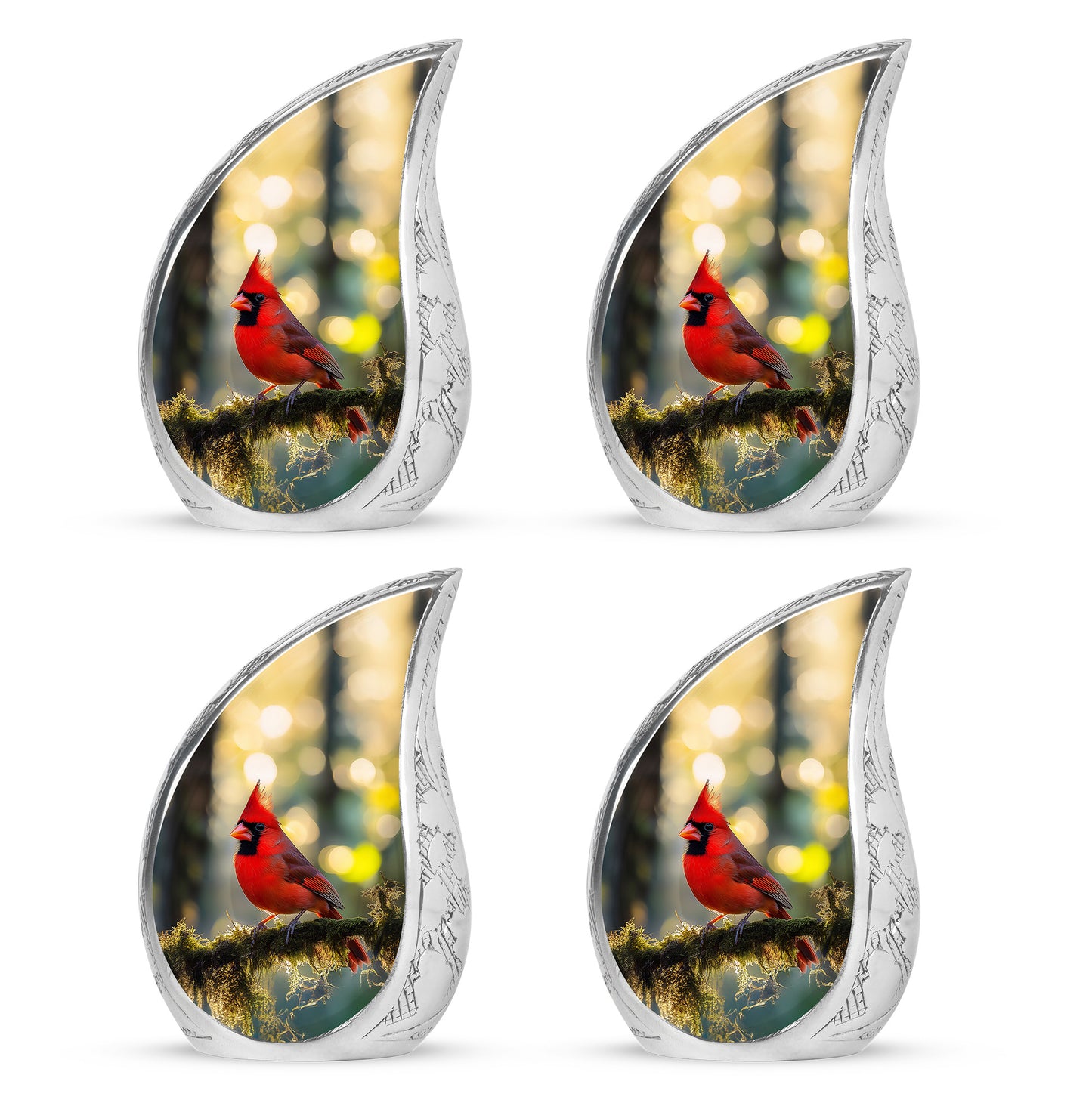 Champagne Gold Cardinal Cremation Urn close-up of engraving and surface detail - flowing teardrop cardinal silhouette on curved aluminum - 10 inch aluminum urn for cremated remains