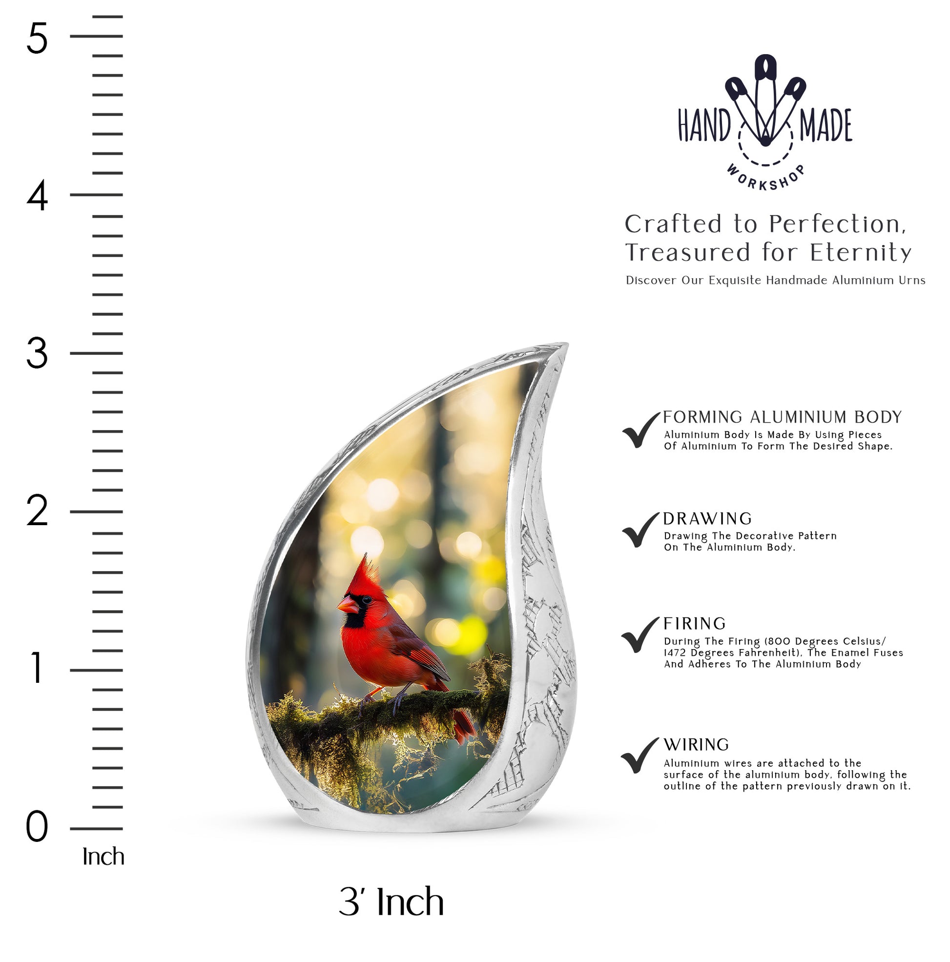 Matte Gold Cardinal Cremation Urn angled view of lid and engraved motif - smooth teardrop contour featuring cardinal art - mini keepsake memorial for portion of cremation ashes