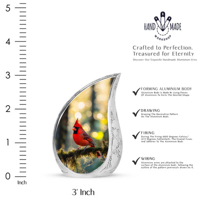 Matte Gold Cardinal Cremation Urn angled view of lid and engraved motif - smooth teardrop contour featuring cardinal art - mini keepsake memorial for portion of cremation ashes