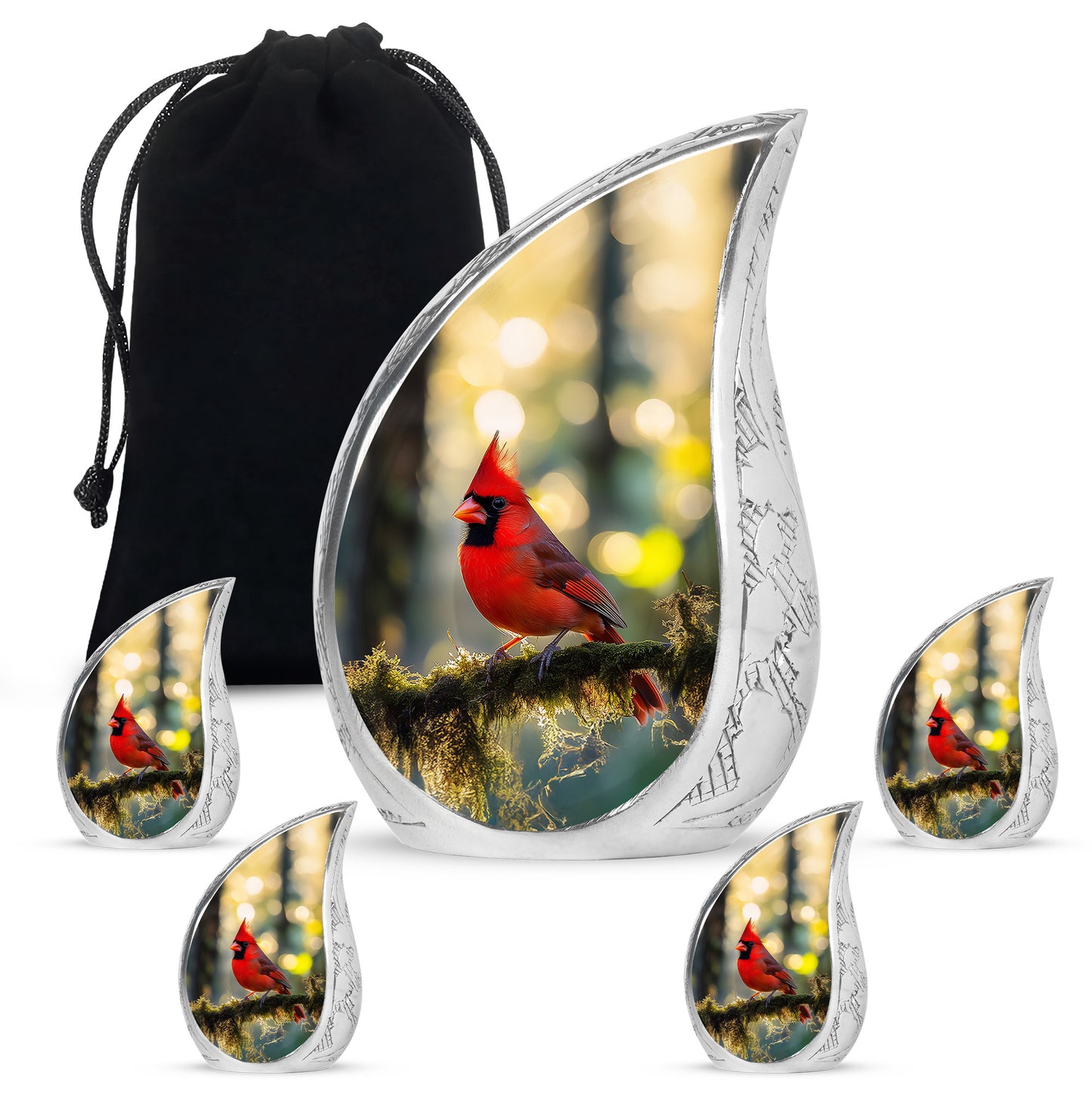 Warm Gold Cardinal Cremation Urn side profile showing urn shape - smooth teardrop contour featuring cardinal art - memorial set with one large and four small urns