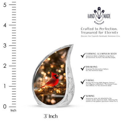 Burnished Gold Cardinal Cremation Urn angled view of lid and engraved motif - graceful tear-shaped urn with cardinal motif - mini keepsake memorial for portion of cremation ashes