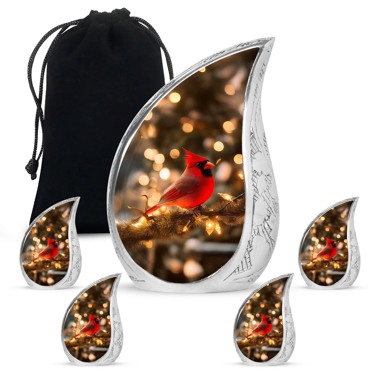 Matte Gold Cardinal Cremation Urn side profile showing urn shape - smooth teardrop contour featuring cardinal art - memorial set with one large and four small urns